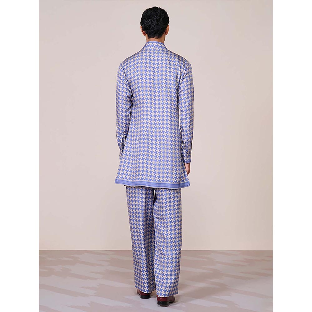 S&N by Shantnu Nikhil Blue Houndstooth Silk Twill Kurta