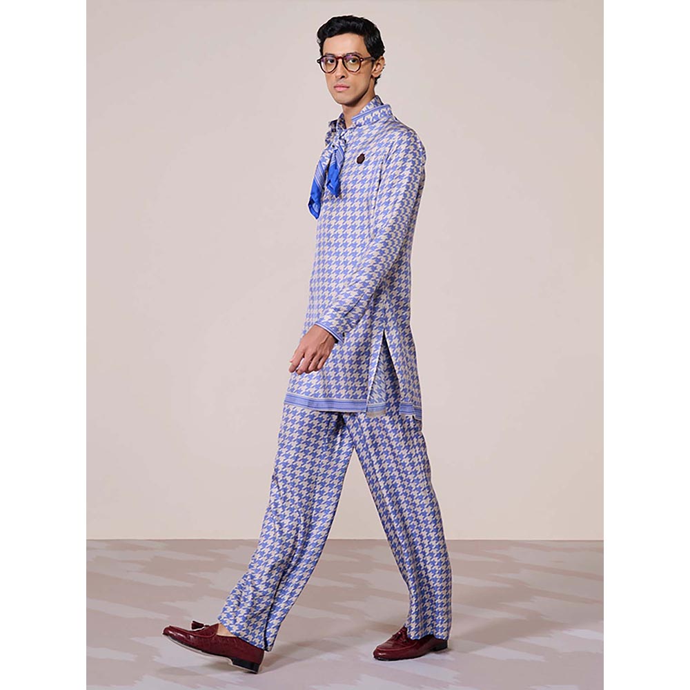 S&N by Shantnu Nikhil Blue Houndstooth Silk Twill Kurta
