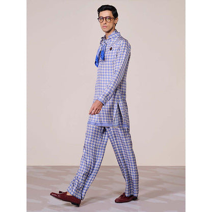 S&N by Shantnu Nikhil Blue Houndstooth Silk Twill Kurta