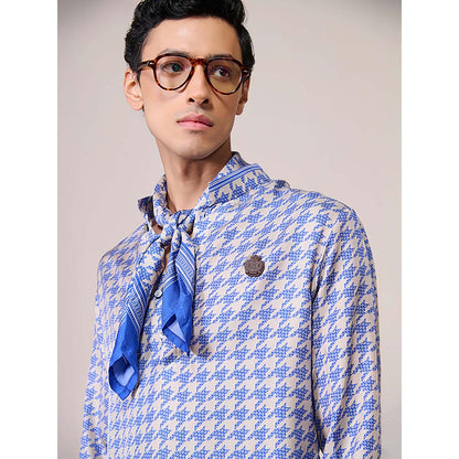 S&N by Shantnu Nikhil Blue Houndstooth Silk Twill Kurta