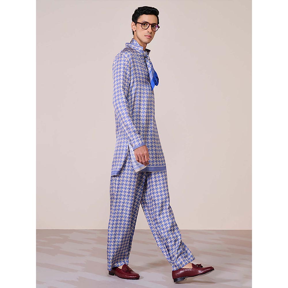 S&N by Shantnu Nikhil Blue Houndstooth Silk Twill Kurta