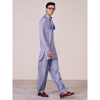 S&N by Shantnu Nikhil Blue Houndstooth Silk Twill Kurta