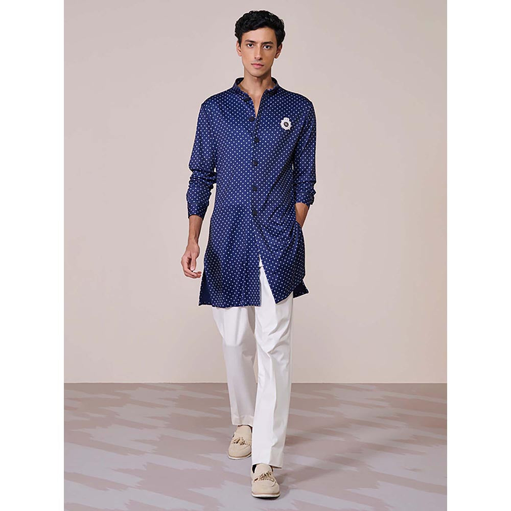 S&N by Shantnu Nikhil Navy Print Poly Jersey Kurta