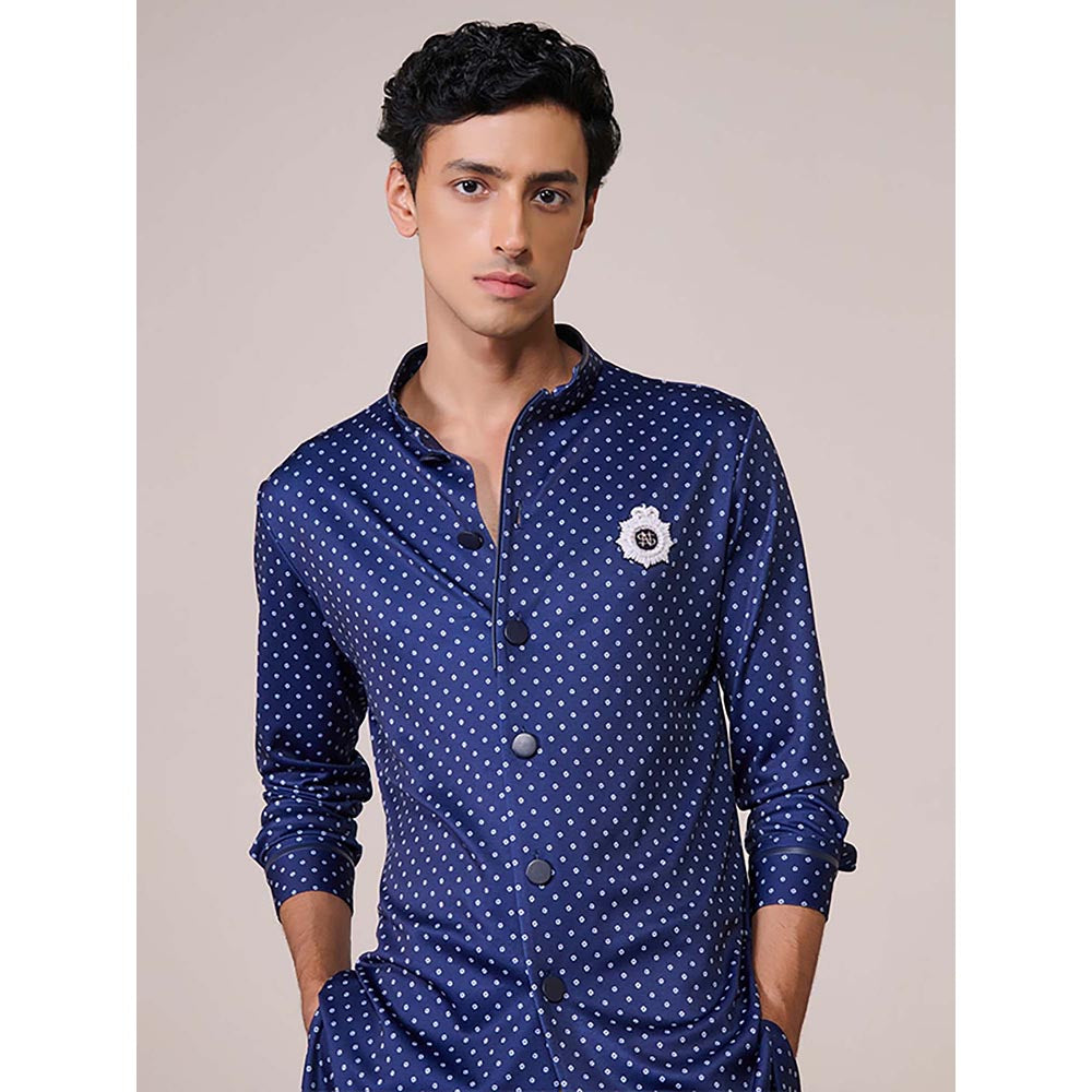 S&N by Shantnu Nikhil Navy Print Poly Jersey Kurta