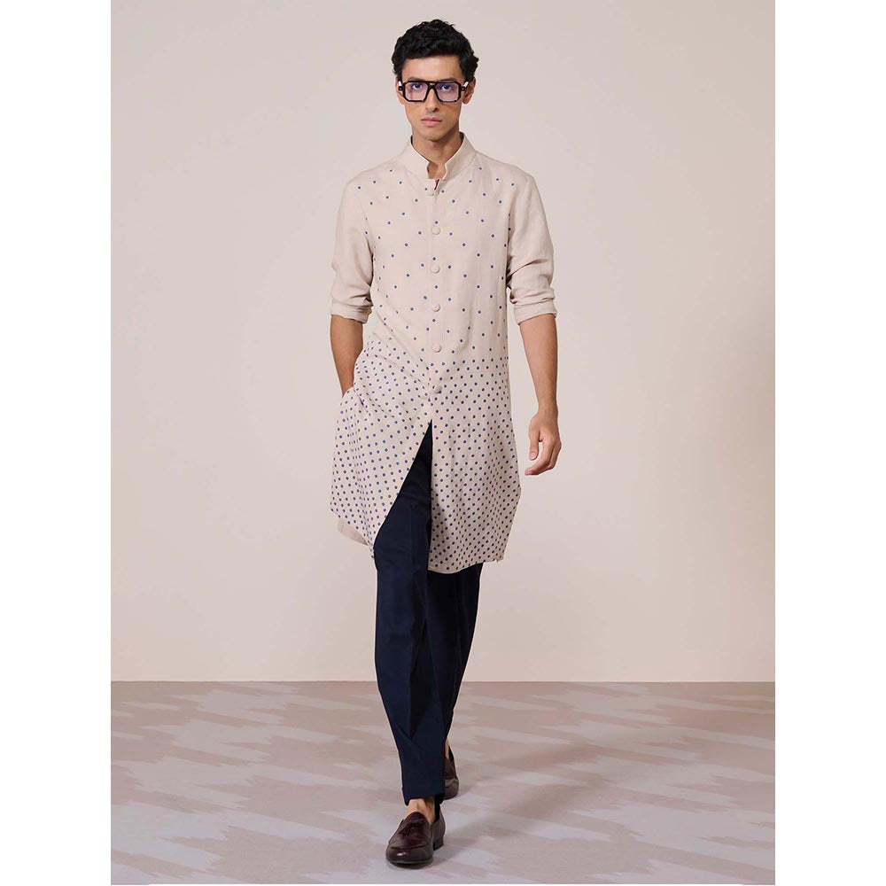 S&N by Shantnu Nikhil Beige Embroidered Linen Kurta