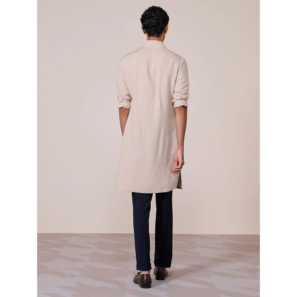 S&N by Shantnu Nikhil Beige Embroidered Linen Kurta