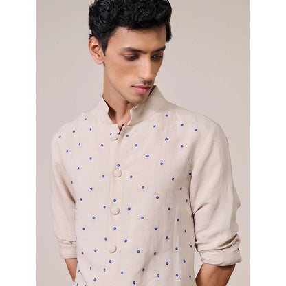 S&N by Shantnu Nikhil Beige Embroidered Linen Kurta