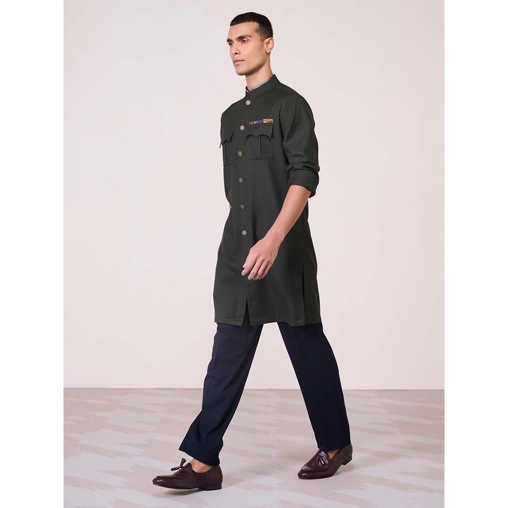 S&N by Shantnu Nikhil Military Green Cargo Kurta