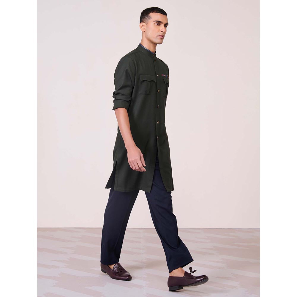 S&N by Shantnu Nikhil Military Green Cargo Kurta