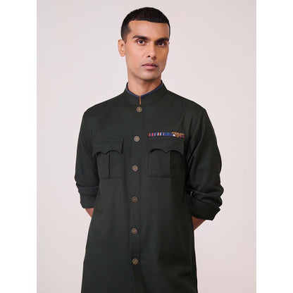S&N by Shantnu Nikhil Military Green Cargo Kurta