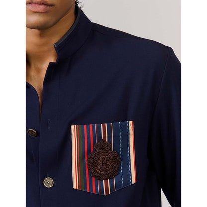 S&N by Shantnu Nikhil Navy Solid Kurta with Printed Pocket