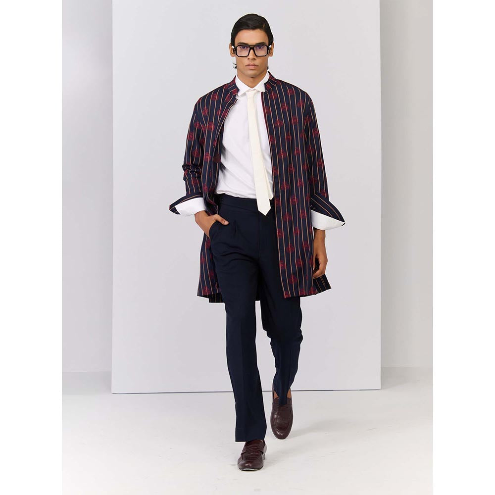 S&N by Shantnu Nikhil Navy Striped Crested Embroidered Kurta