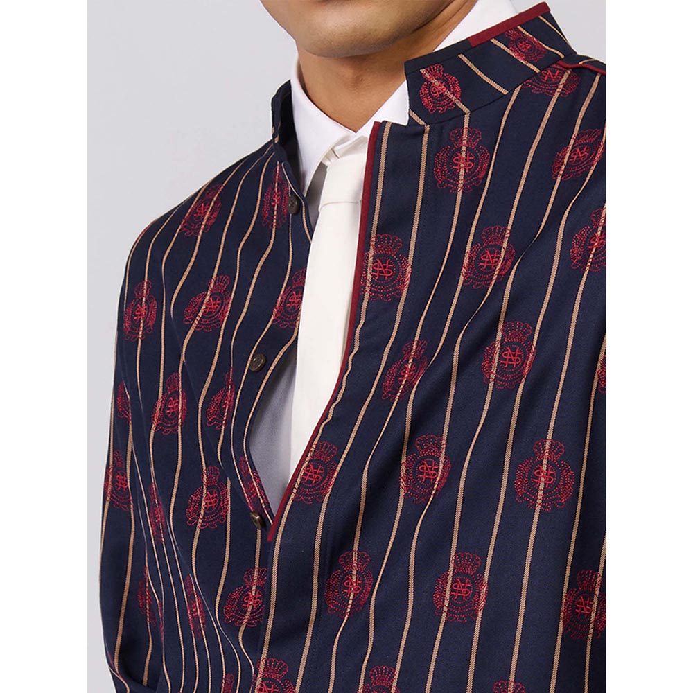 S&N by Shantnu Nikhil Navy Striped Crested Embroidered Kurta