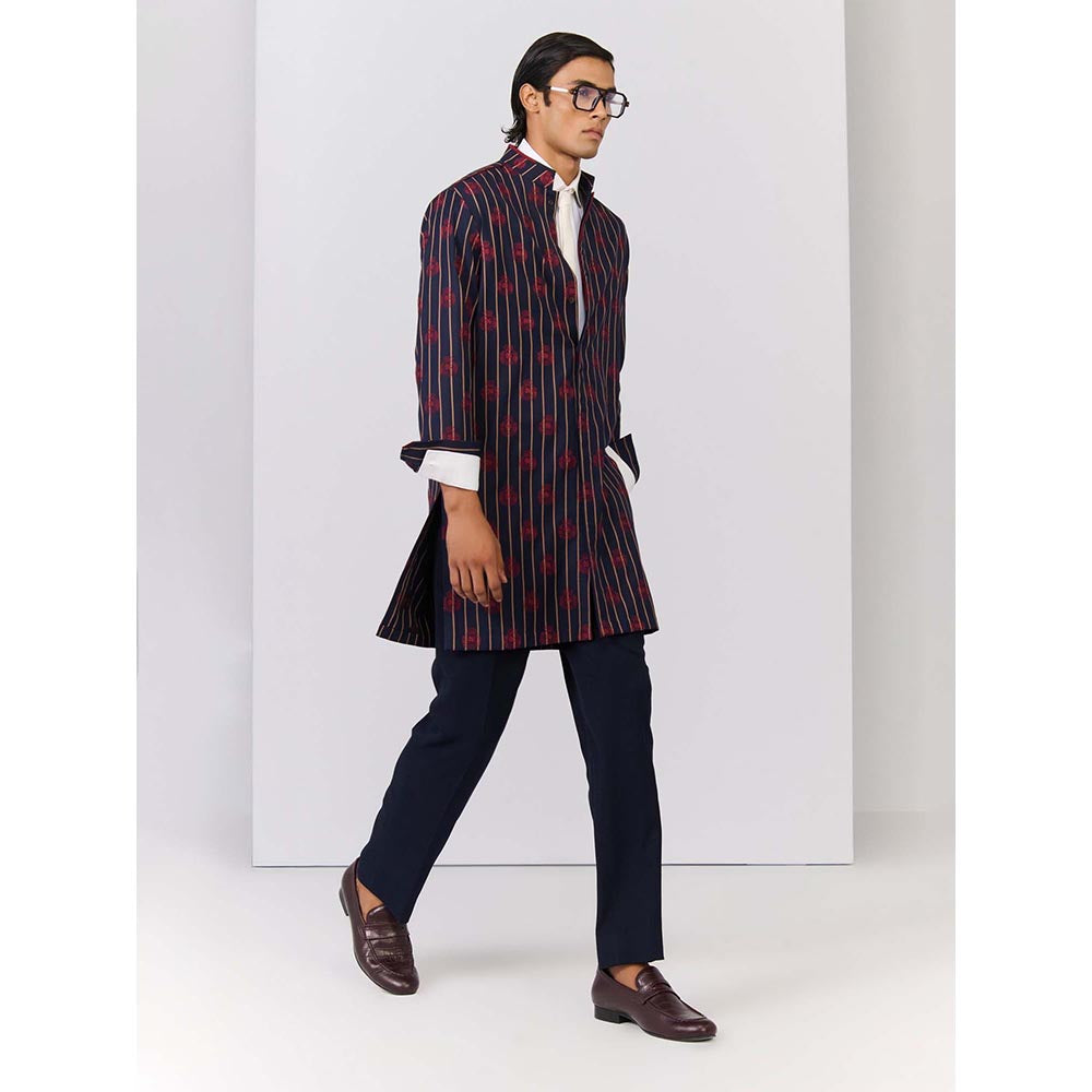 S&N by Shantnu Nikhil Navy Striped Crested Embroidered Kurta
