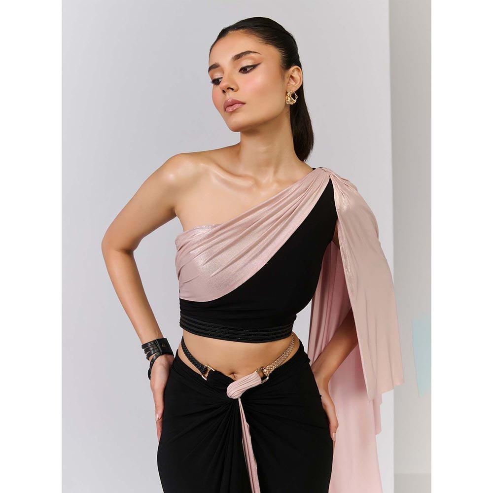 S&N by Shantnu Nikhil Black Crop Top With Colour block Drape Sleeve