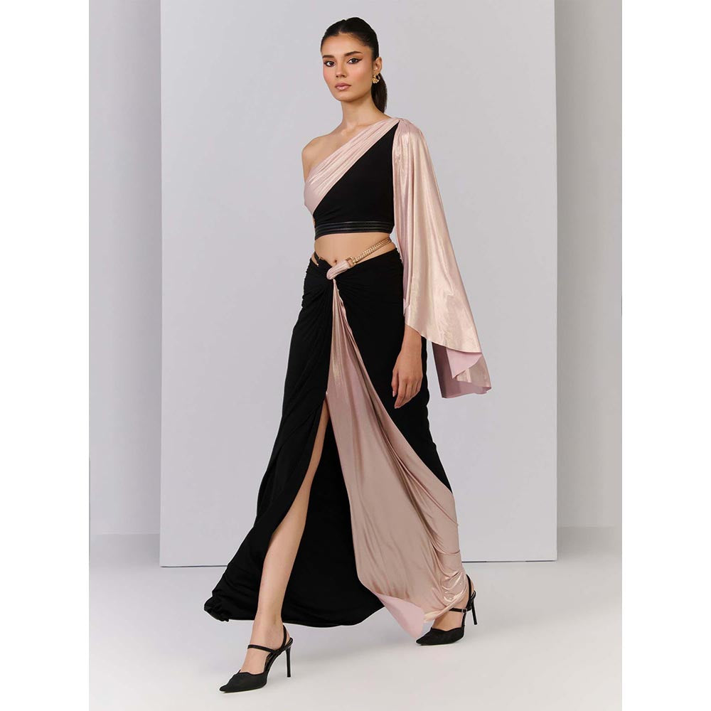 S&N by Shantnu Nikhil Black Crop Top With Colour block Drape Sleeve