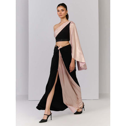 S&N by Shantnu Nikhil Black Crop Top With Colour block Drape Sleeve