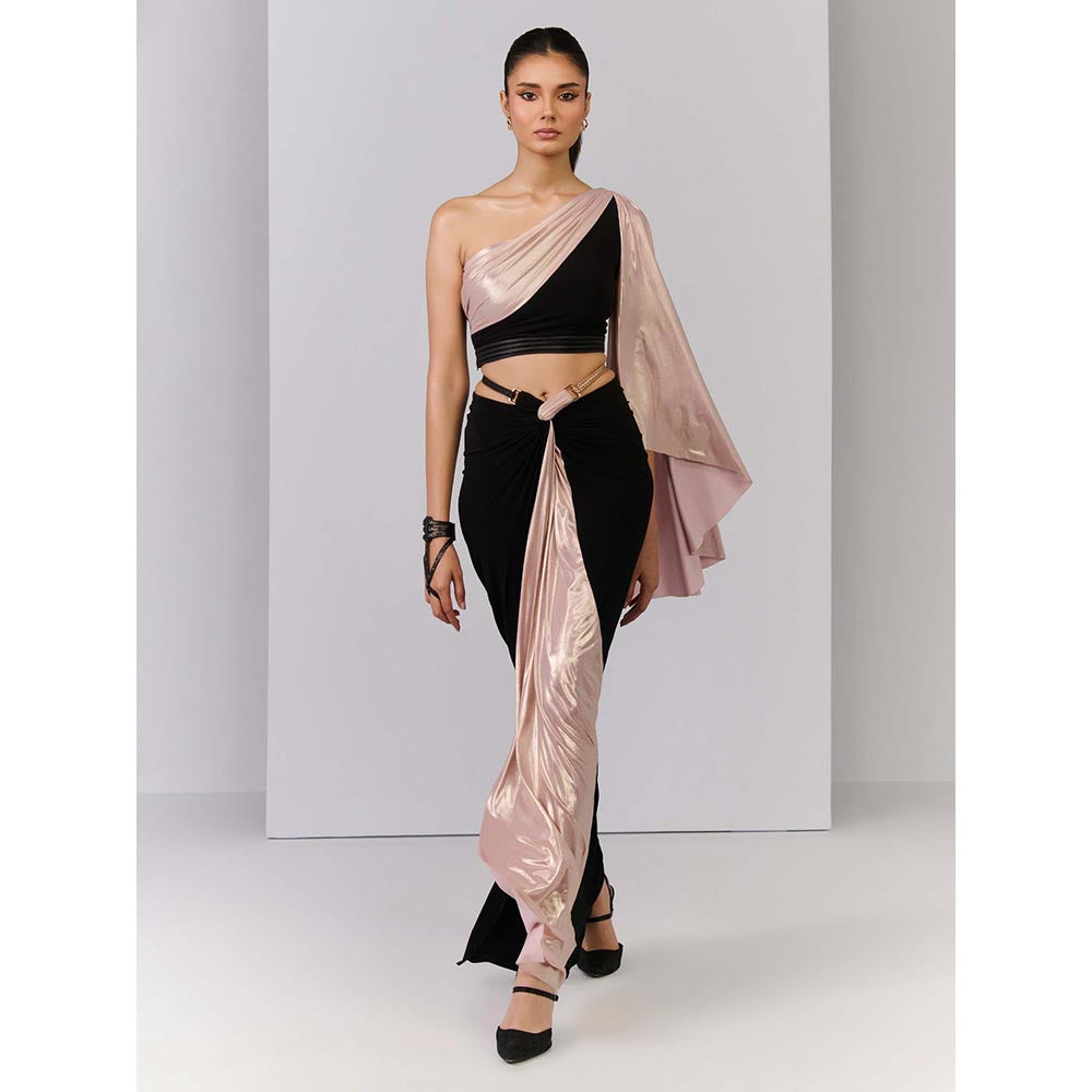 S&N by Shantnu Nikhil Black Crop Top With Colour block Drape Sleeve