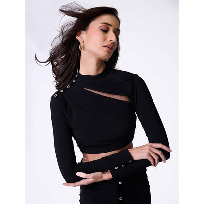 S&N by Shantnu Nikhil Black High Neck Drape Crop Top