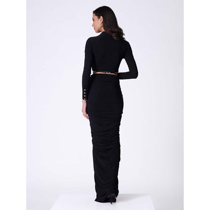 S&N by Shantnu Nikhil Black High Neck Drape Crop Top