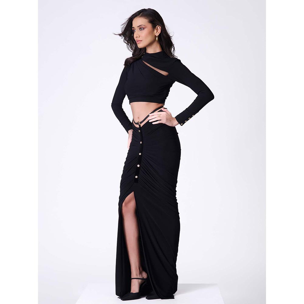 S&N by Shantnu Nikhil Black High Neck Drape Crop Top