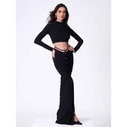 S&N by Shantnu Nikhil Black High Neck Drape Crop Top