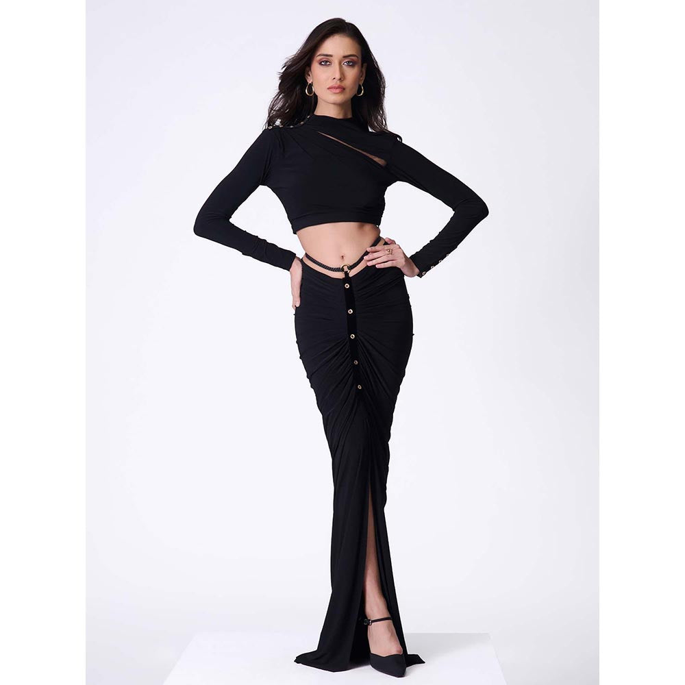 S&N by Shantnu Nikhil Black High Neck Drape Crop Top