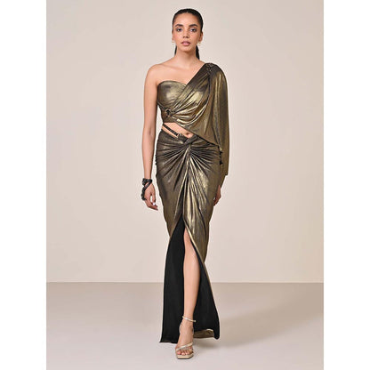 S&N by Shantnu Nikhil Gold Metallic One-Shoulder Top