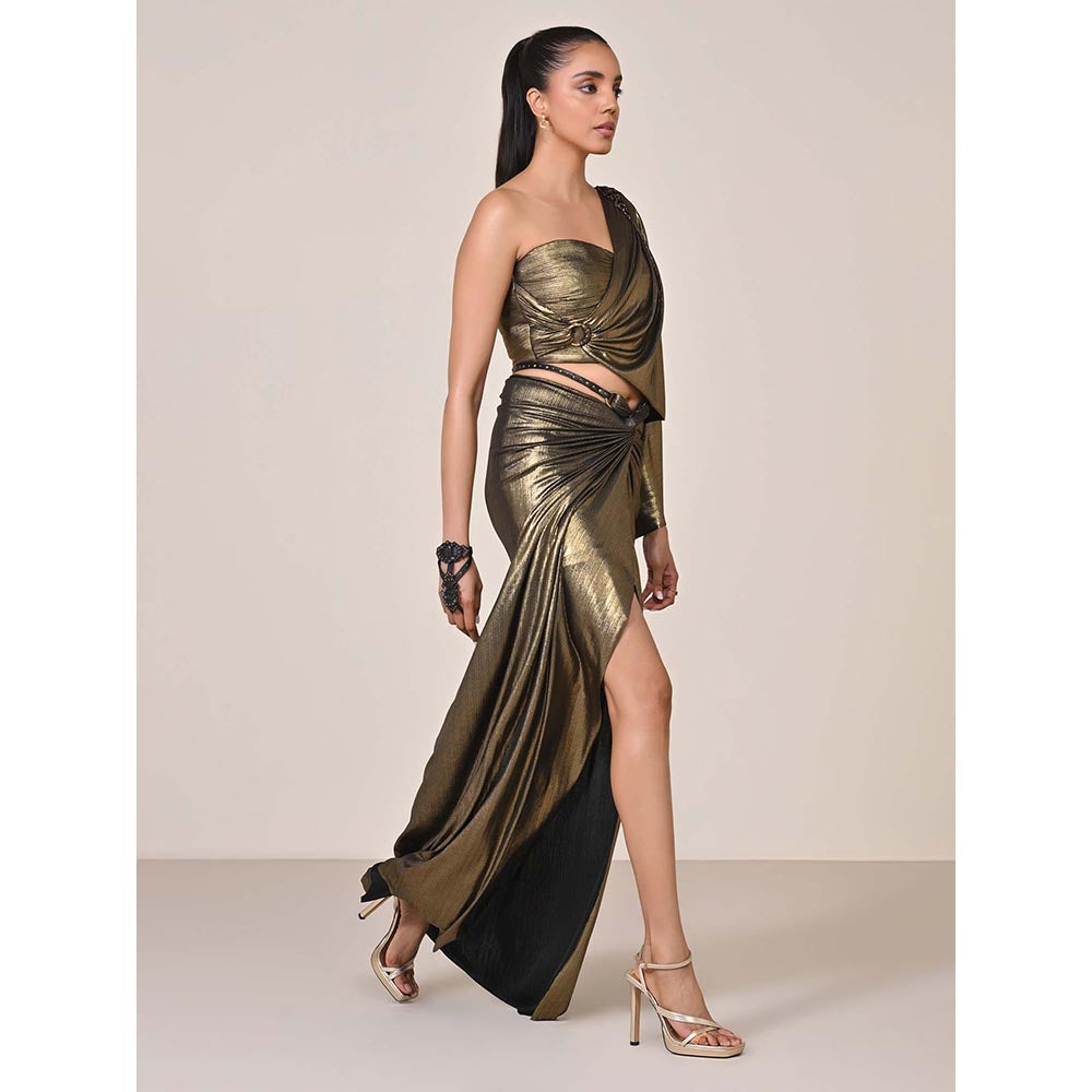 S&N by Shantnu Nikhil Gold Metallic One-Shoulder Top