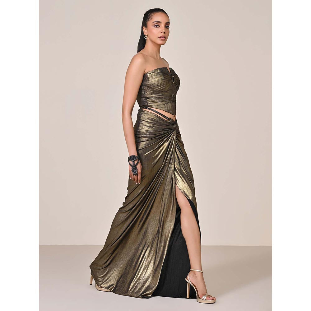 S&N by Shantnu Nikhil Gold Metallic Drape Corset Top