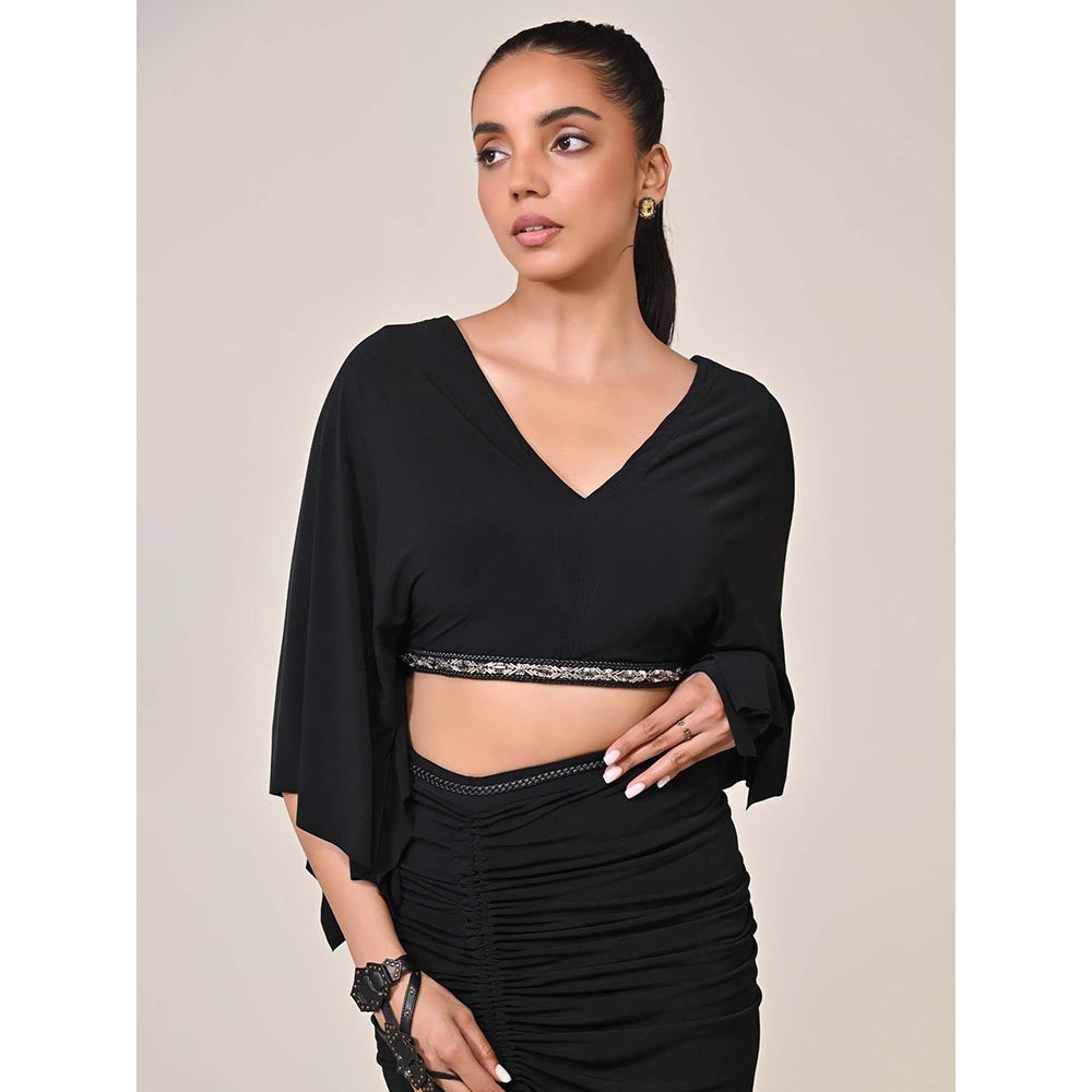 S&N by Shantnu Nikhil Black Exaggerated Draped Sleeve Top