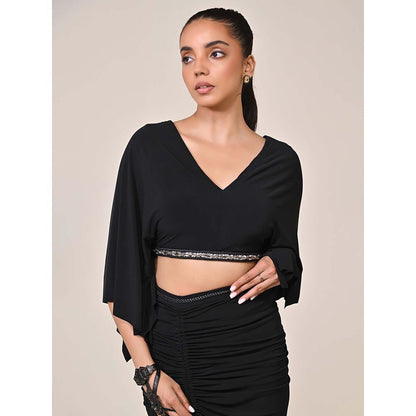 S&N by Shantnu Nikhil Black Exaggerated Draped Sleeve Top