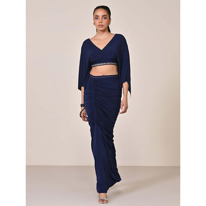 S&N by Shantnu Nikhil Navy Blue Exaggerated Draped Sleeve Top