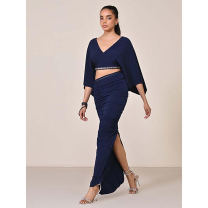 S&N by Shantnu Nikhil Navy Blue Exaggerated Draped Sleeve Top