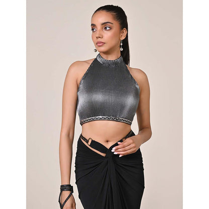 S&N by Shantnu Nikhil Silver Halter Neck Crop Top