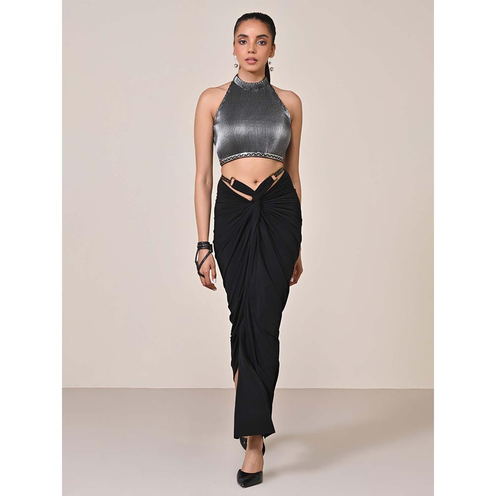 S&N by Shantnu Nikhil Silver Halter Neck Crop Top