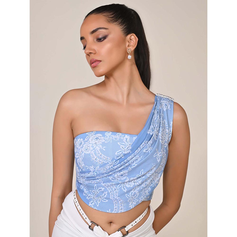 S&N by Shantnu Nikhil Blue One-Shoulder Printed Corset Top