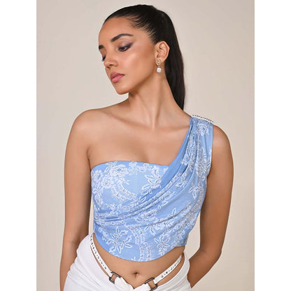 S&N by Shantnu Nikhil Blue One-Shoulder Printed Corset Top