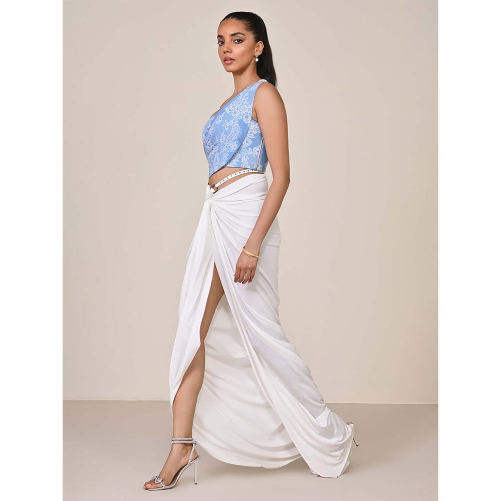 S&N by Shantnu Nikhil Blue One-Shoulder Printed Corset Top