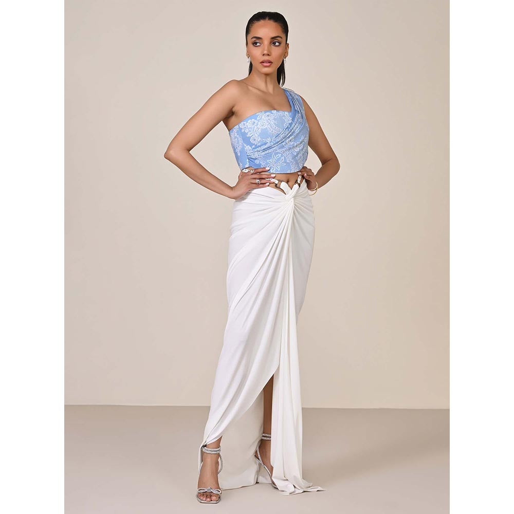 S&N by Shantnu Nikhil Blue One-Shoulder Printed Corset Top