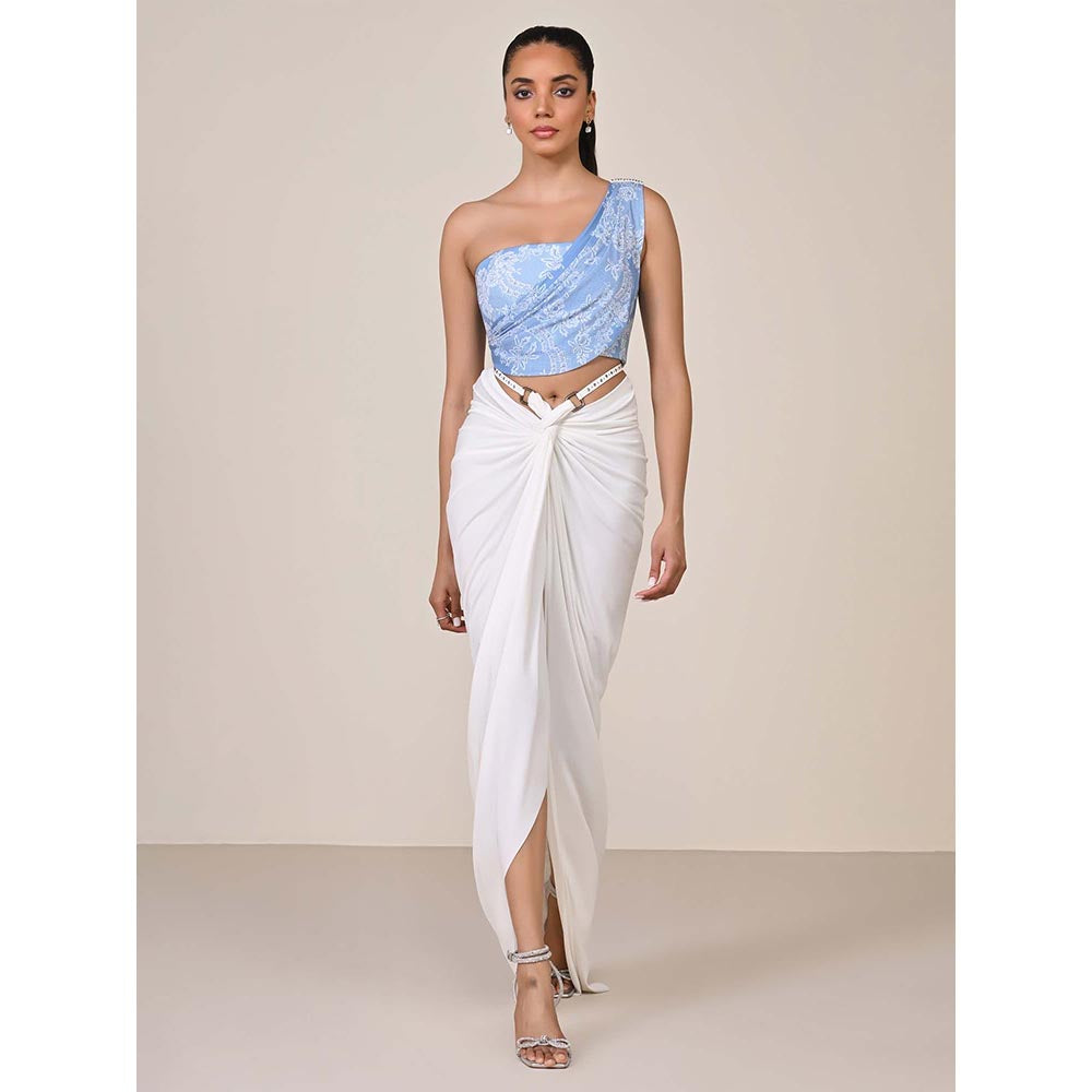 S&N by Shantnu Nikhil Blue One-Shoulder Printed Corset Top
