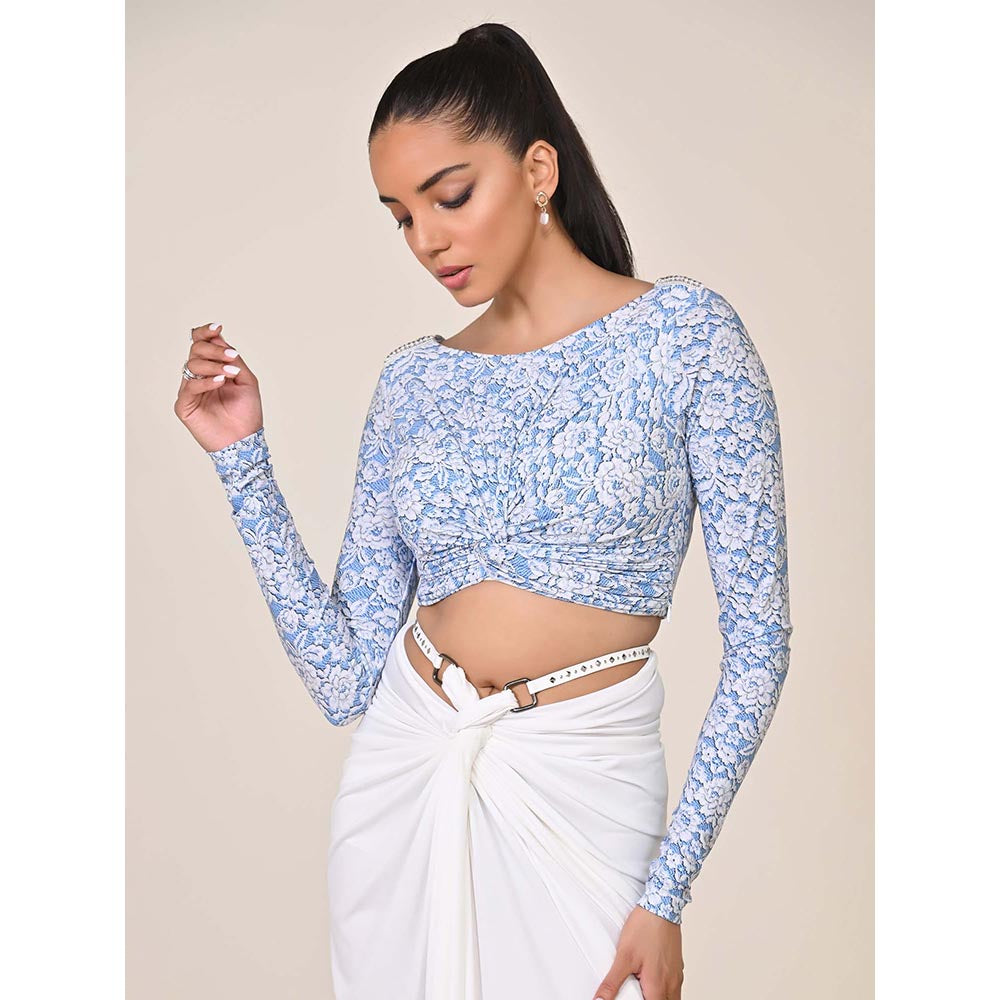 S&N by Shantnu Nikhil Blue Printed Boat Neck Top