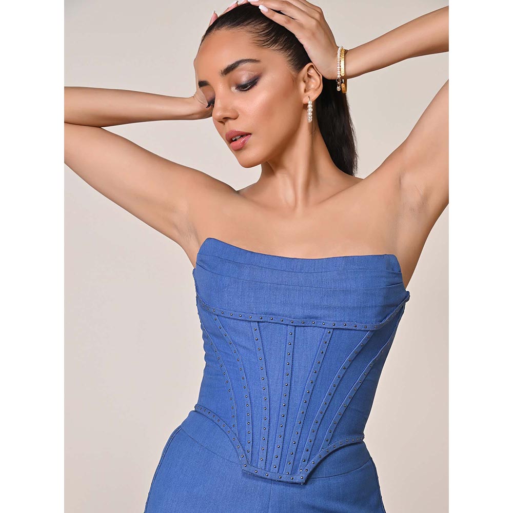 S&N by Shantnu Nikhil Navy Blue Denim Structured Corset Top