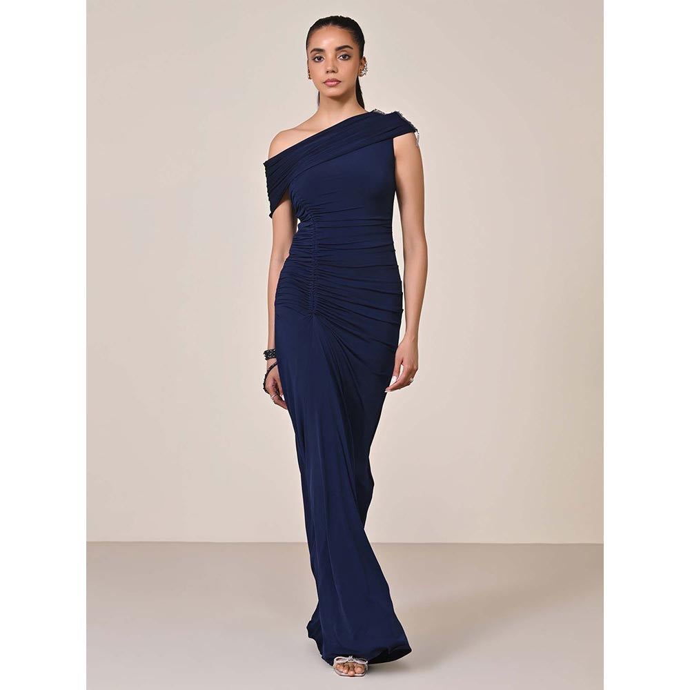 S&N by Shantnu Nikhil Women Navy Blue Jersey Solid Gown