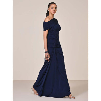 S&N by Shantnu Nikhil Women Navy Blue Jersey Solid Gown