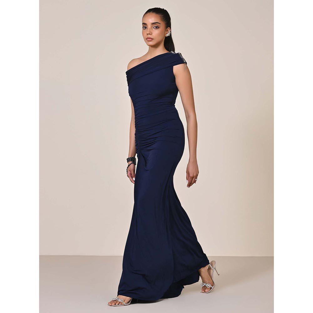 S&N by Shantnu Nikhil Women Navy Blue Jersey Solid Gown