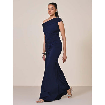 S&N by Shantnu Nikhil Women Navy Blue Jersey Solid Gown