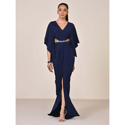 S&N by Shantnu Nikhil Women Navy Blue Jersey Solid Gown