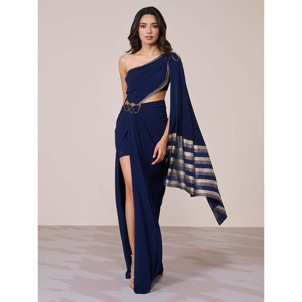 S&N by Shantnu Nikhil Women Navy Blue Jersey Solid Gown