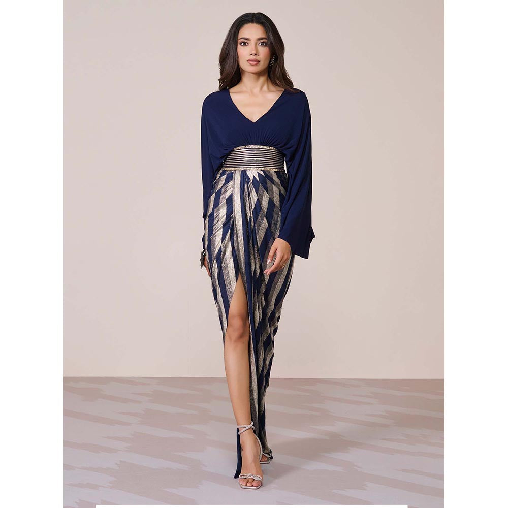 S&N by Shantnu Nikhil Women Navy Blue Jersey Solid Gown
